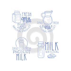 Set of monochrome emblems for milk production business. Fresh and natural dairy product. Creative vector logo templates
