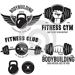 Set of monochrome fitness emblems, labels, badges, logos and designed elements. Vintage gym logo templates