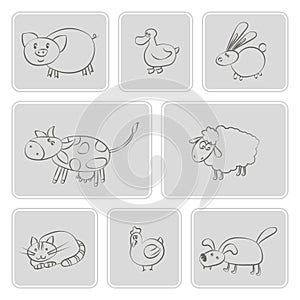 Set of monochrome icons with domestic animal kids drawing