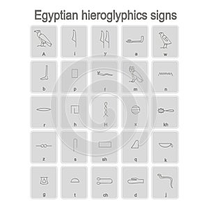 Set of monochrome icons with egyptian hieroglyphics signs
