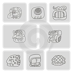 Set of monochrome icons with glyphs of the Mayan writing