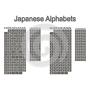 Set of monochrome icons with japanese alphabets hiragana and katakana