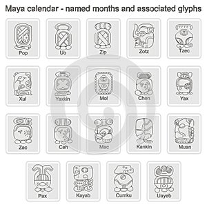 Set of monochrome icons with Maya calendar named month and associated glyphs