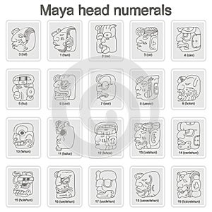 Set of monochrome icons with Maya head numerals glyphs