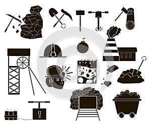 Set of monochrome icons of mining industry: tools, mine, coal, helmet, dynamite. Coal mining. Extraction of minerals
