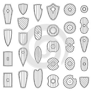 Set of monochrome images of medieval shields and bucklers drawn by lines.