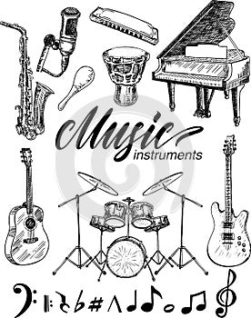 Set of monochrome images musical instruments. Sketch