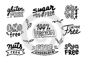 Set of Monochrome Labels for Allergen Products Free of Gmo, Chocolate, Sugar and Lactose, Nuts, Soya and Gluten