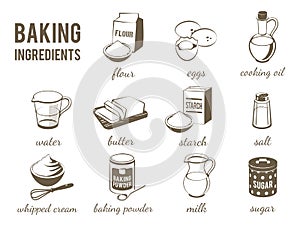Set of monochrome, lineart food icons: baking ingredients.