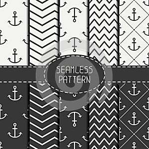 Set of monochrome marine geometri seamless pattern