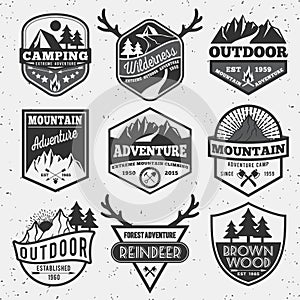 Set of monochrome outdoor camping adventure and mountain badge