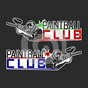 Set of monochrome paintball logos, emblems and icons. Indoor and outdoor paintball club elements. Shooting man with gun