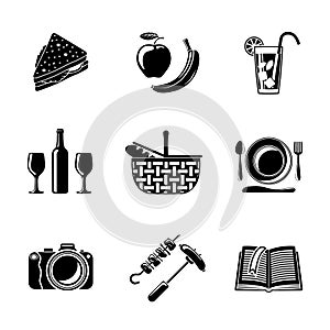 Set of monochrome picnic icons - basket, plate