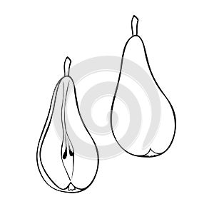 A set of monochrome pictures, a delicious ripe pear, half a pear. Vector