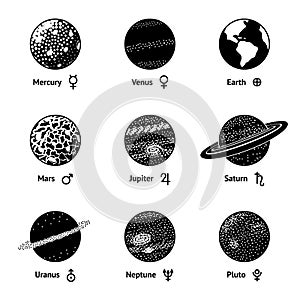 Set of monochrome planet icons with names and