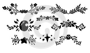 Set of monochrome spacers with twig, moon and star. Vector nature design elements. Black silhouette of plant text delimiters