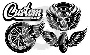 A set of monochrome templates on a motorcycle theme. Vector illustration