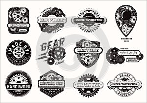 Set of monochrome vintage labels with gears, text