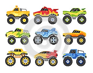 Set Of Monster Trucks, Adorned With Vibrant Colors And Graphics, Revs Their Engines Ready To Take On The Challenge