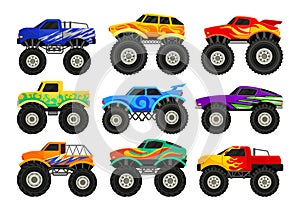 Set of monster trucks. Heavy cars with large tires and black tinted windows. Flat vector for advertising poster