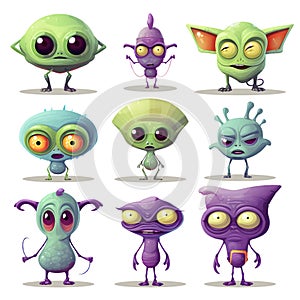 Cute cartoon monsters alien set. Comic halloween joyful monster characters. Funny devil, ugly alien and smile creature flat vector