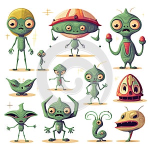 Cute cartoon monsters alien set. Comic halloween joyful monster characters. Funny devil, ugly alien and smile creature flat vector