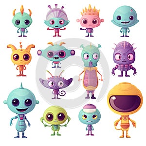 Cute cartoon monsters alien set. Comic halloween joyful monster characters. Funny devil, ugly alien and smile creature flat vector