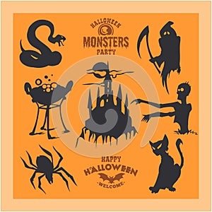 Set of monsters for Halloween. A collection of black silhouettes of mystical creatures. Vector illustration of monsters