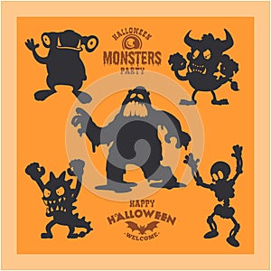 Set of monsters for Halloween. A collection of black silhouettes of mystical creatures. Vector illustration of monsters