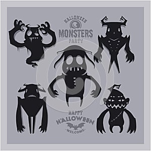 Set of monsters for Halloween. A collection of black silhouettes of mystical creatures. Vector illustration of monsters