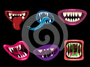 Set Monsters mouths creepy and scary Halloween. Funny jaws teeths tongue creatures expression monster horror saliva