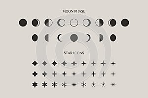 Set of Moon Phase And Stars Sparkles Sign in a Trendy Minimal Style. Vector Icons