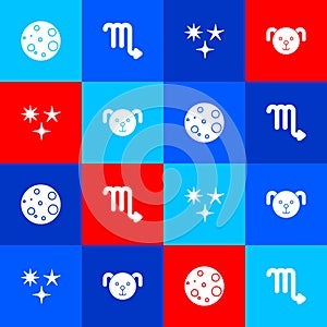 Set Moon, Scorpio zodiac, Falling star and Dog icon. Vector