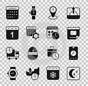Set Moon and stars, Alarm clock app mobile, Calendar, Time zone clocks, settings, and icon. Vector