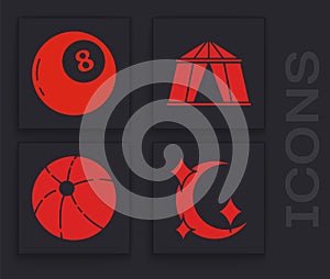 Set Moon and stars, Magic ball of predictions, Circus tent and Beach ball icon. Vector