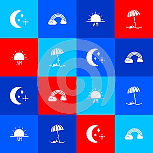 Set Moon and stars, Rainbow with clouds, Sunrise and protective umbrella for beach icon. Vector