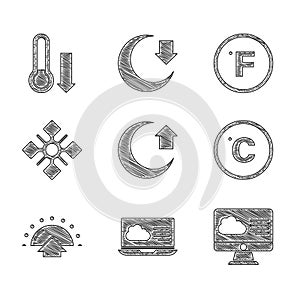 Set Moon, Weather forecast, Celsius, Sunrise, Snowflake, Fahrenheit and Meteorology thermometer icon. Vector