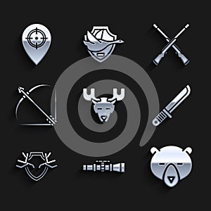 Set Moose head with horns, Sniper optical sight, Bear, Hunter knife, Deer antlers on shield, Bow and arrow in quiver
