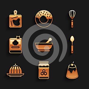 Set Mortar and pestle, Jar of honey, Pudding custard, Spoon, Cookbook, Kitchen whisk and Cutting board icon. Vector