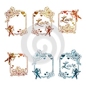 Set of mosaic stickers with silhouette of Cupids.