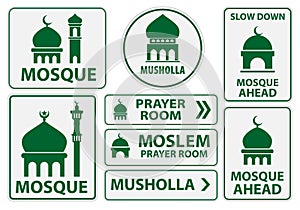 set of mosque icon or prayer room sign isolated.