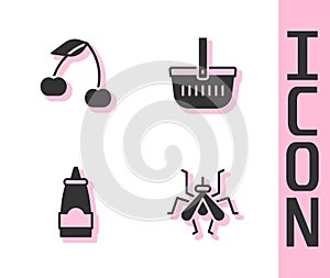 Set Mosquito, Cherry, Sauce bottle and Picnic basket icon. Vector