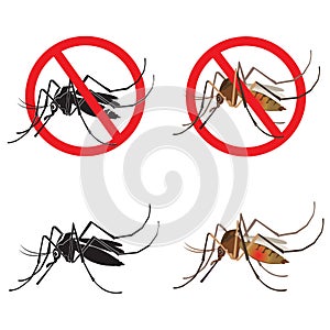 Set Mosquito Vector. Black Silhouette Mosquito Isolated Icon Vector. Stop Sign Vector.