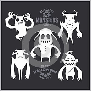 Set of mosters for Halloween. A collection of black silhouettes of mystical creatures. Vector illustration of monsters