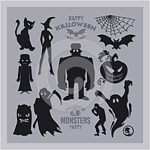 Set of mosters for Halloween. A collection of black silhouettes of mystical creatures. Vector illustration of monsters