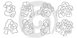 Set of mother hugging children, with daughter and son, in a line art style