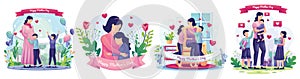 Set of Mother`s Day concept with Children celebrate mother`s day with their mother at home. Mother and her daughter are hugging