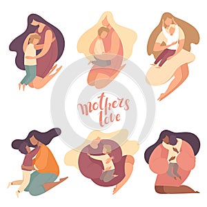 Set mothers hug children. Mother`s love. Hand drawn style vector design illustrations.