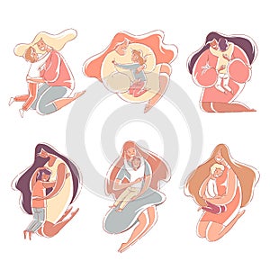 Set mothers hug children. Mother`s love. Hand drawn style vector design illustrations.