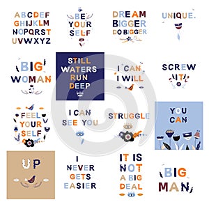Set of motivating phrases in a children`s style. Children`s alphabet and quotes for print, t-shirt, posters etc. Cartoon kids fl